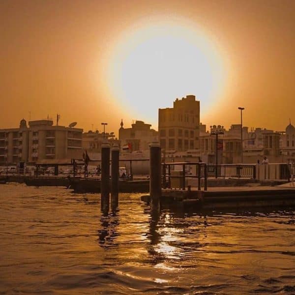 The sun setting over Bur Dubai Abra dock
