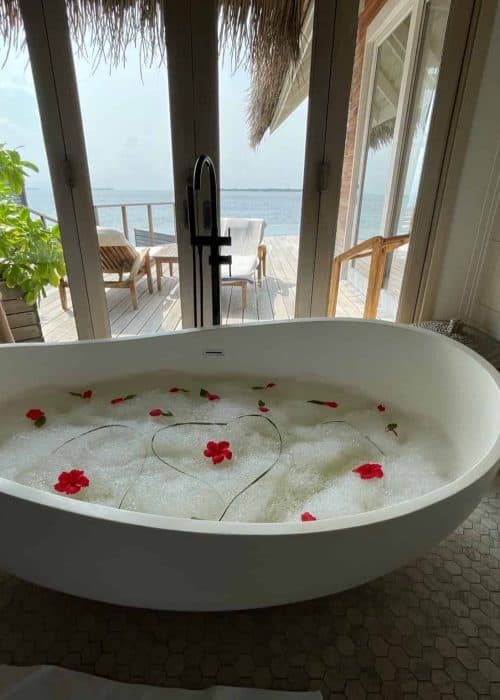 Romantic trip Maldives luxury villa romantic bathtub.