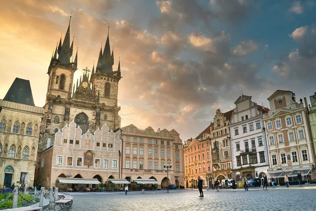 Old town square prague architecture and Tyn Church Prague Czech Republic