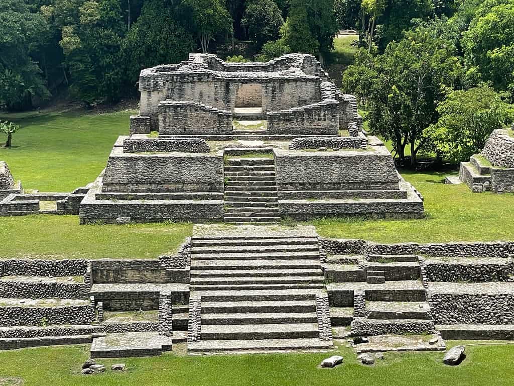 Maya ruin pyramid and plaza.