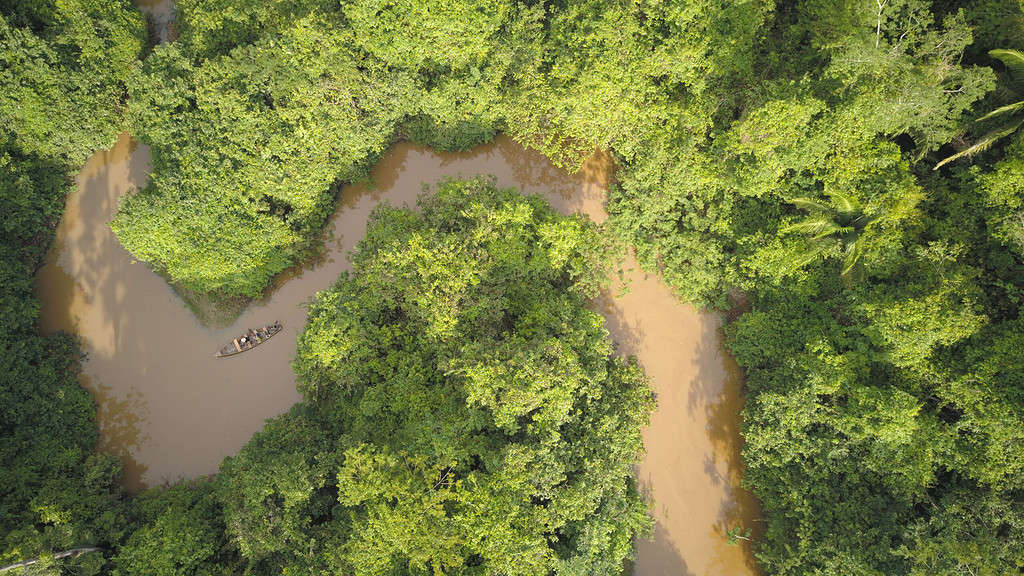 Aerial view of Madre de Dios River in Puerto Maldonado Peru.