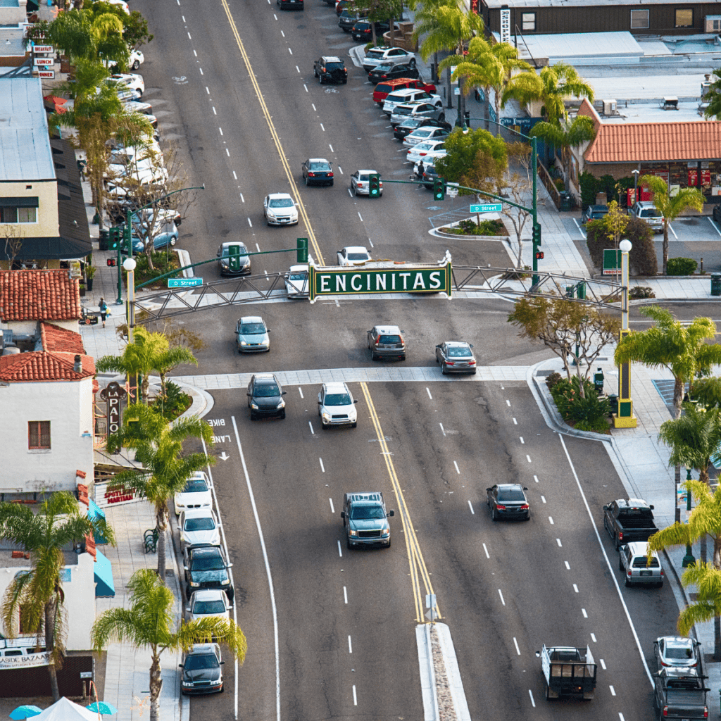 Drone photo of downtown Encinitas which is a fun place to go shopping.