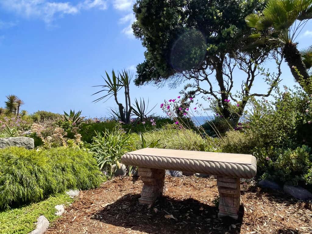 Bench overlooking the Pacific Ocean at the Self Realization Gardens Encinitas California