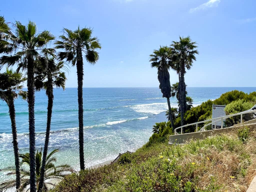 View of the surfers below at Swamis Beach in Encinitas, California